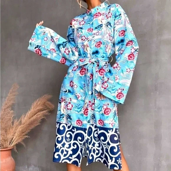 ZARA Floral Bird Tropical Belted Silky Kimono Shirt Dress/Kaftan Size XL NEW